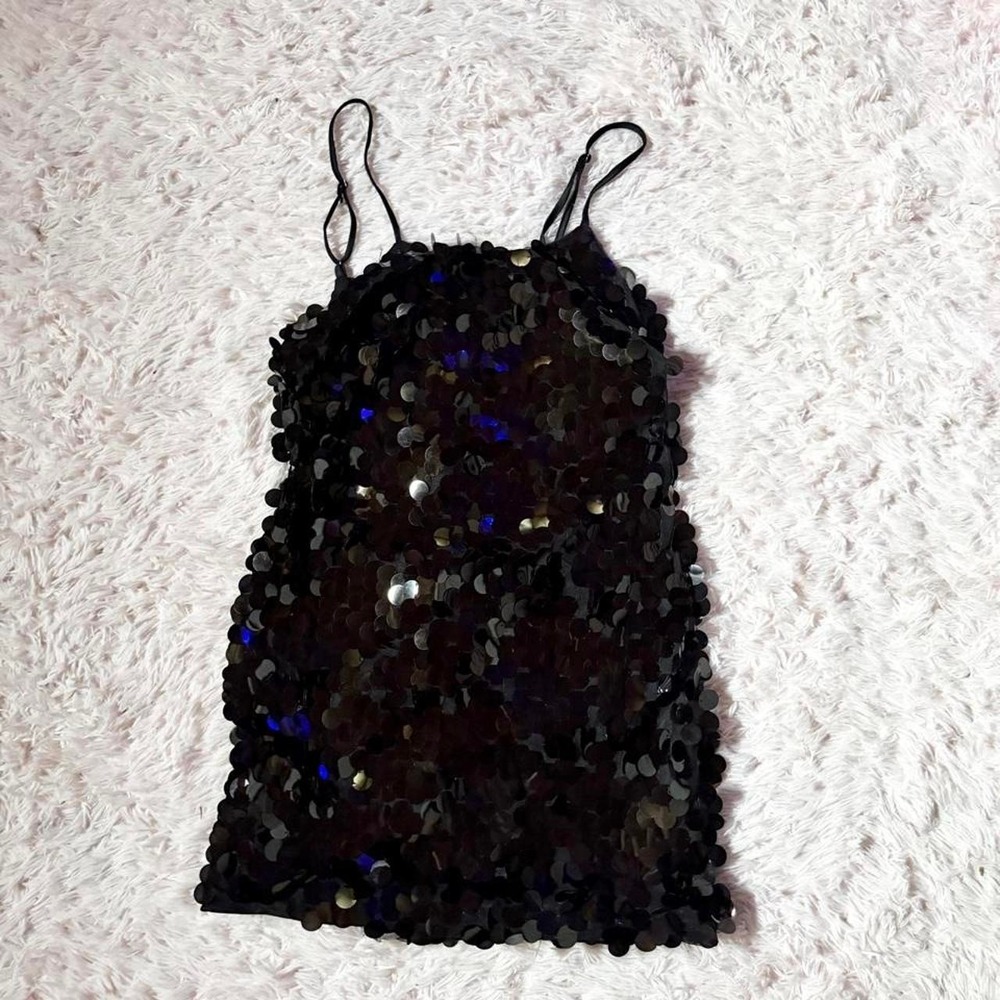 Black Whimsical Large Sequin Glam Maximalist Birthday HOCO Mini Dress Womens S